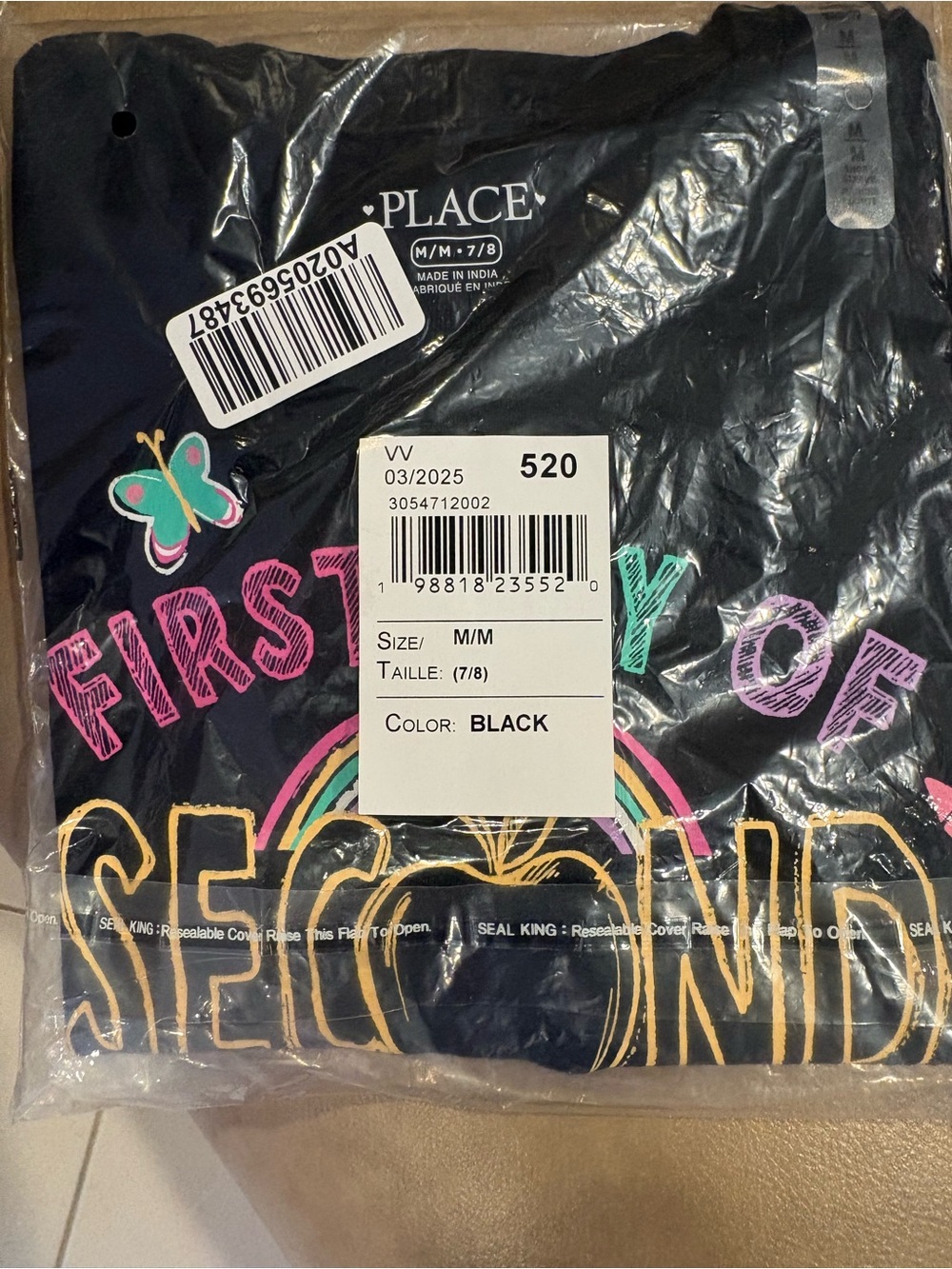 The Children's Place Black Tee -First Day of Second Grade-Size 7/8